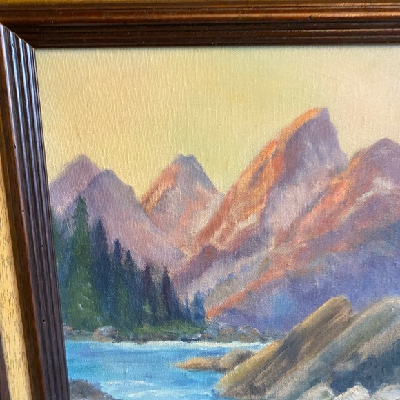 Central Oregon River and Mountains Scene Mid Century Oil Painting - Picture 2 of 7